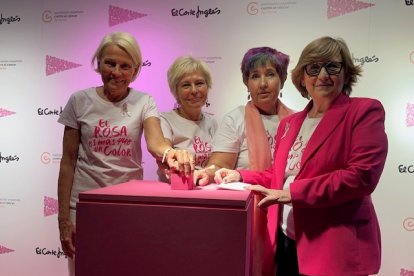 Pilar Fernández Valderrama, Paqui Aranda y Maite Castro, junto con representantes de la AECC en Valladolid. / E. M.