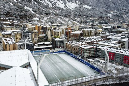 Estadio del Andorra, nevado en la temporada 22-23.