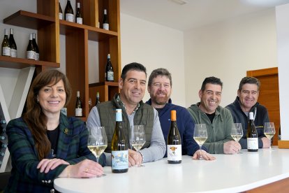 Los cinco hermanos Descalzo Matos en la bodega de Nava del Rey. Ana, Miguel, David, Alfonso y Roberto.