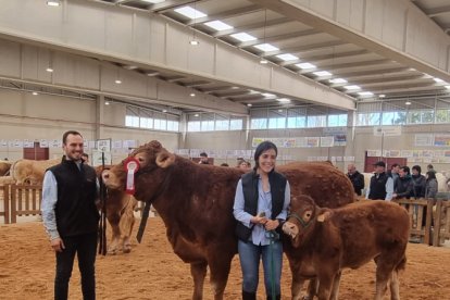 Aitor Sainz Maza, en la última edición del Salón del Vacuno de Salamanca, con Saskia y Uganda, su ternera de cinco meses y medio.