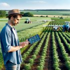 Imagen de un agricultor vigilando su explotación con inteligencia artificial generada por IA