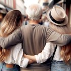 Dos mujeres jóvenes abrazan a un hombre de avanzada edad en una imagen generada con IA. E. M.