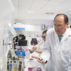 Carlos Moro observa unas uvas en los laboratorios de Bodegas Familiares Matarromera.-EL MUNDO