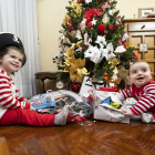 Dos niños abren sus regalos bajo el árbol de Navidad. PHOTOGENIC