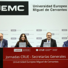 (I a D) El presidente de la Crue, Salustiano Mato de la Iglesia; la rectora de la UEMC, Imelda Rodríguez; el consejero de Educación, Fernando Rey, y el secretario general de la UEMC, José Antonio Otero Parra-Miriam Chacón / ICAL