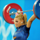 Lidia Valentín, durante su ejercicio en los Juegos de 2008-AFP / JUNG YEON-JE