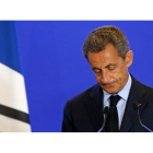 El expresidente francés Nicolas Sarkozy, en su comparecencia tras el asesinato del sacerdote en Saint-Etienne-du-Rouvray.-REUTERS / BENOIT TESSIER