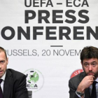 El presidente de la UEFA, Ceferin, y el de la ECA, Andrea Agnelli, en una reunión en Bruselas en 2018-JOHN THYS (AFP)