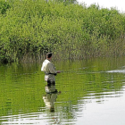 Un pescador logra sacar del agua a una captura en un río de aguas trucheras de la Comunidad.-E.M.