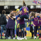 Las chicas del Barça celebrando el pase a la final de la Champions.-