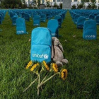 El cementerio de mochilas instalado en la ONU.-EFE
