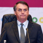 El presidente de Brasil, Jair Bolsonaro, durante un acto en Catar este lunes.-EFE