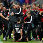 Los jugadores de Albania celebran el 1-0 durante el partido del grupo A en el Stade de Lyon.-EFE