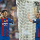 Conexión Messi-Suárez tras la jugada del primer gol durante el partido FC Barcelona-Sampdoria, en el Trofeo Joan Gamper.-JORDI COTRINA