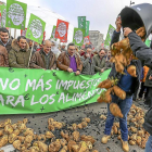 Agricultores lanzan remolacha a la puerta de la Delegación del Gobierno.-ICAL