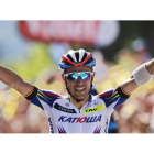 El ciclista español Joaquín "Purito" Rodríguez celebra su victoria en la tercera etapa de la 102ª edición del Tour de Francia, una carrera de de 159,9 km entre Amberes y Huy, en Bélgica.-Foto: EFE