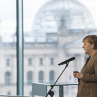 La cancillera Merkel, durante su declaración de este miércoles en Berlín.-