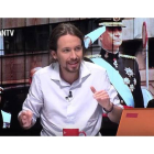 Pablo Iglesias, durante la tertulia sobre la monarquía, en el programa 'Fort Apache', que emite en España la cadena pública iraní Hispan TV.-