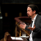 El líder de Unidas Podemos, Pablo Iglesias, durante su turno de réplica tras la comparecencia del presidente del Gobierno en funciones, Pedro Sánchez.-EFE