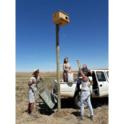 Los voluntarios levantan uno de los nidos para rapaces.-ICAL
