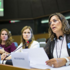 La consejera de Agricultura y Ganadería, Milagros Marcos, interviene en la Comisión de Peticiones del Parlamento Europeo para pedir que se investigue si el cierre de Lauki en Valladolid es una deslocalización planificada por el Grupo Lactalis.-ICAL