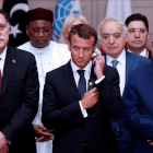El presidente del Consejo Presidencial de Libia  Fayez al-Sarra  el presidente frances  Emmanuel Macron  y el presidente de la Camara de Representantes de Libia  Tobruk Aguila Saleh Issa.-ETIENNE LAURENT