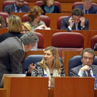 El socialista Javier Izquierdo conversa con la consejera Pilar del Olmo en presencia de José Antonio de Santiago-Juárez.-ICAL
