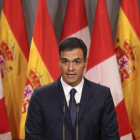 El presidente del Gobierno, Pedro Sánchez, en rueda de prensa en Montreal (Canadá), el pasado 23 de septiembre.-EFE / BALLESTEROS