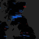 Mapa de las tendencias en Twitter con los 'tuits' favorables y en contra de la independencia de Escocia.-Foto: TRENDSMAP