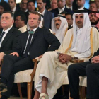 El rey Felipe y Emmanuel Macron, junto al emir de Qatar y el primer ministro del gobierno sostenido por la ONU en Libia, este sábado, en el funeral de Estado en Túnez.-EFE