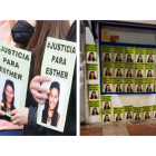 A la izquierda, los asistentes al acto portaban los mismos carteles con la foto de Esther que en la imagen de la derecha, donde se ven un negocio de Óscar empapelado.- EM