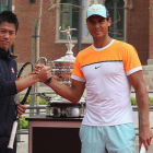 Rafael Nadal y Kei Nishikori, durante la presentación del Barcelona Open Banc Sabadell, en el Hospital de Sant Pau.-Foto: IGNASI PAREDES