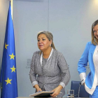 La vicepresidenta Rosa Valdeón y la consejera de Economía y Hacienda Pilar del Olmo, ayer tras la rueda de prensa.-ICAL