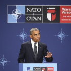 El presidente estadounidense, Barack Obama durante una rueda de prensa celebrada en el marco de la cumbre de la OTAN en Varsovia, Polonia.-EFE