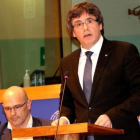 Carles Puigdemont, durante su conferencia en el Parlamento Europeo.-ACN / LAURA POUS