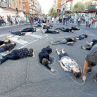 Las mujeres que representaron la acción en el suelo ante la mirada de los participantes en la concentración de ayer.-PABLO REQUEJO