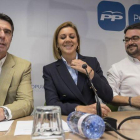 El exministro de Industria, Energía y Turismo José Manuel Soria, la secretaria general del PP, María Dolores de Cospedal, y el nuevo presidente del PP de Canarias, Asier Antona, durante un Comité Ejecutivo Regional.-EFE/Ángel Medina G.