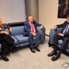 Iratxe García, Santos Cerdán y Carles Puigdemont, en la reunión en Bruselas.- EL MUNDO