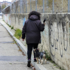 Una mujer pasea con su perro en la estrecha ‘acera de la vergüenza’, ubicada en  la calle Salud.-J.M. LOSTAU
