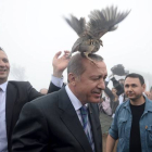 Una de las palomas que liberó el presidente turco se posa sobre su cabeza.-Foto: STRINGER/TURKEY / REUTERS