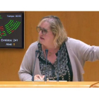 La diputada de En Marea (Grupo Unidos Podemos En Comú Podem) Celia Cánovas, junto al resultado de la votación sobre la nueva Ley Orgánica de Protección de Datos el pasado 21 de noviembre.-SDE