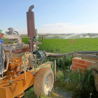 Un agricultor junto a un pozo regando su parcela en la provincia de Palencia.-BRÁGIMO