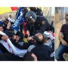 Un momento de la intervención policial del pasado jueves 17 contra funcionarios de prisiones ante el Centro Penitenciario Sevilla II, en Morón de la Frontera (Sevilla). A la derecha, el funcionario D.C., delegado sindical de ACAIP en Sevilla.-EL PERIÓDICO