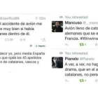 Algunos ejemplos de tuits catalanófobos tras la tragedia de Germanwings.-