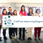 Cristina Delgado, Lucía Reinoso, Miguel Ángel Martínez, Marina Rigau, Rocío Arroyo, Rosa Pérez, Ana Martín y Marta Herreros en las instalaciones de Amadix.-ICAL