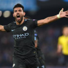 Sergio Agüero, tras marcar el gol histórico ante el Nápoles.-AFP / FILIPPO MONTEFORTE