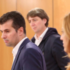 El secretario general del PSOE de Castilla y León, Luis Tudanca, comparece en rueda de prensa junto al alcalde de Soria, Carlos Martínez, y la secretaria de Política Municipal, Virginia Barcones-Ical
