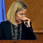 Mogherini reacciona ante las últimas noticias sobre Bruselas, en una rueda de prensa conjunta con el ministro de Exteriores jordano, en Amán, este martes.-AP