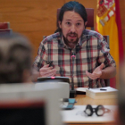 El secretario general de Podemos, Pablo Iglesias, en la comisión sobre la financiación ilegal de los partidos del Senado-JOSE LUIS ROCA