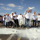 La Alianza UPA-COAG y Urcacyl inicia sus movilizaciones en defensa del sector lácteo. En la imagen, tiran leche francesa frente al hipermercado Carrefour-Ical